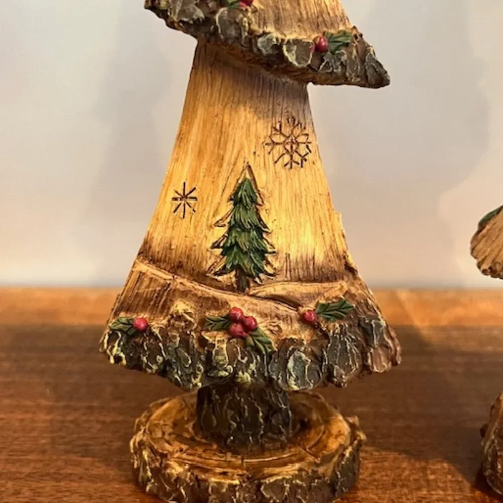 Pair of Resin Wood Look Rustic Carved Trees with Trees Snowflakes Cabin Holly
